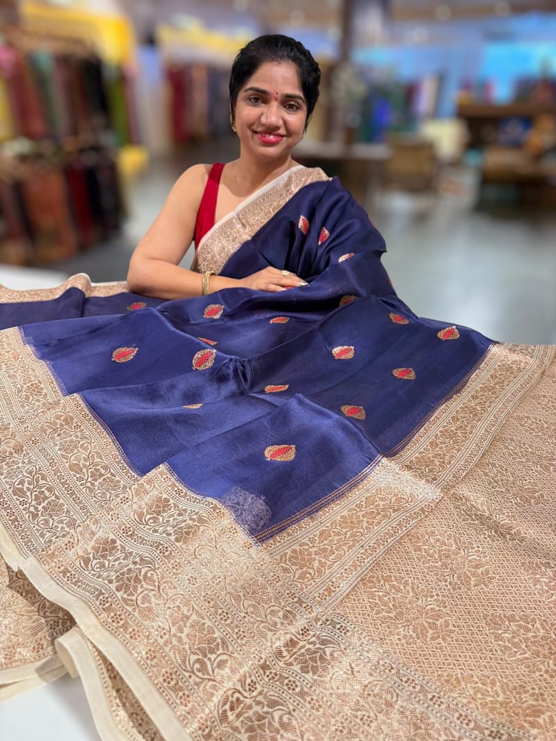Navy & Beige Combo Kora Banarasi Saree with Meenakari Kaduwa woven motifs