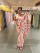 Pastel Pink kora tissue saree with pythani inspired embroidery