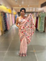 Pastel Pink kora tissue saree with pythani inspired embroidery