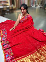 Chilli Red Pure Gajji Silk Rai bandhej Saree with petite point embroidery