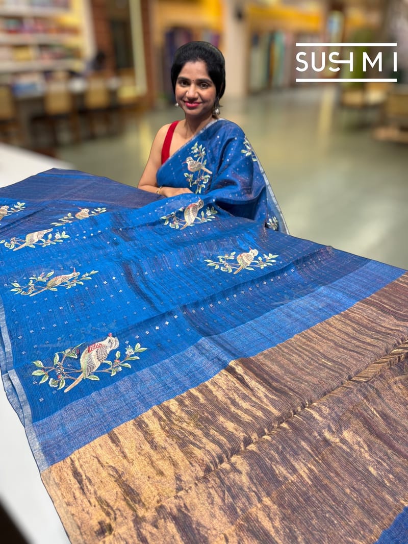 Indigo Blue muslin tissue stripes saree with bird emb