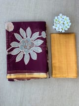 Dark Wine Designer Organza with Tissue applique work