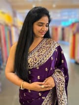 Brinjal Pure Mashru Satin Saree with embroidery