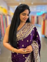Brinjal Pure Mashru Satin Saree with embroidery