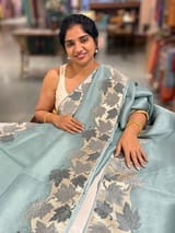 Dark Powder Blue Organza Saree with Stunning Leaf Embroidered Border SS50314