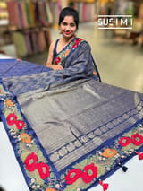 Midnight Blue mysore silk with embroidered border S62F061