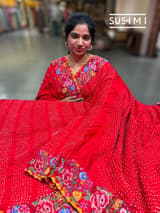 Chilli Red Pure Gajji Silk Rai bandhej Saree with petite point embroidery