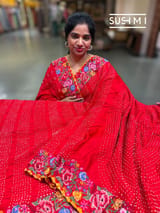 Chilli Red Pure Gajji Silk Rai bandhej Saree with petite point embroidery