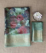 Mint Pure Handloom Chiniya Silk Saree with stunning Floral Print and zari borders SS50102