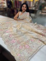Silver and gold tissue stripes saree with stunning embroidery