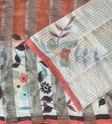Mul silk tissue stripes handloom saree with handpainting