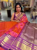 Orangish Pink Vintage kanchi checks  saree