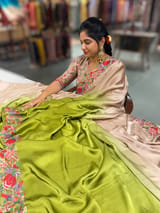 Chickoo & Mustard Pure Satin Ombre Dyed Saree with Petite Point Embroidered Border and blouse.