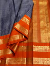 Blue & Orange Combo Vintage Checks Gap Border Kanjeevaram Saree SS50167