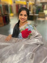 Silver Kanchi Brocade Tissue Saree with Statement Floral Embroidered Roses SS50142