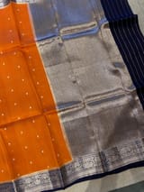 Rust with navy Combo Pure Handloom premium Kora Banarasi Saree
