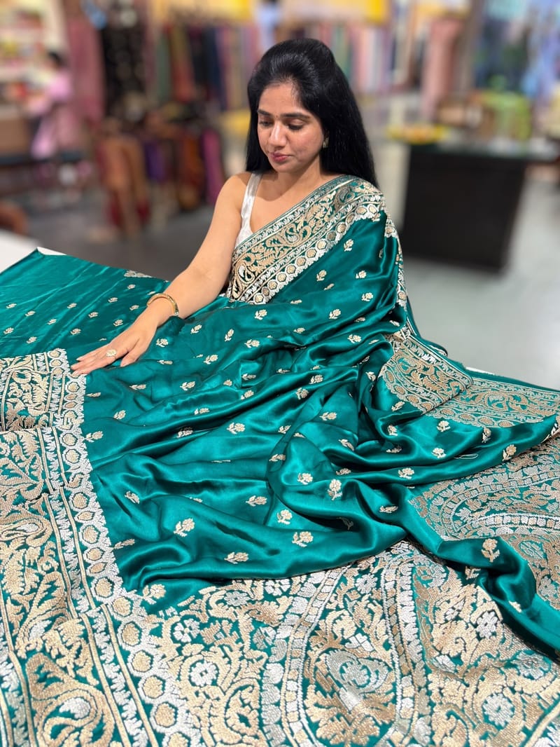 Peacock Green Pure Mashru Satin Saree with embroidery