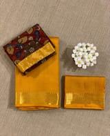 Mustard vintage Kanchipuram silk saree with pen kalamkari blouse SS50177