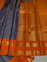 Blue & Orange Combo Vintage Checks Gap Border Kanjeevaram Saree SS50167