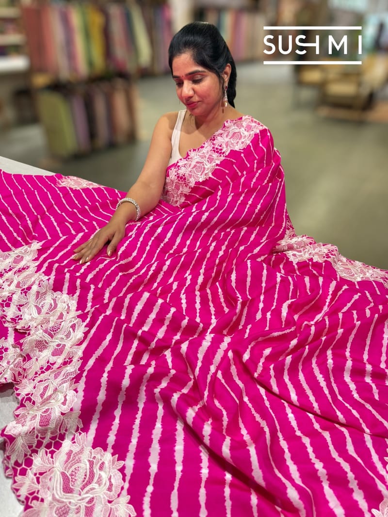 Fuschia Pink habutai Satin Silk lehariya Saree S62F065