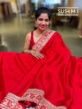Bright Chilli Red Satin Saree with sabyasachi borders : D62F052