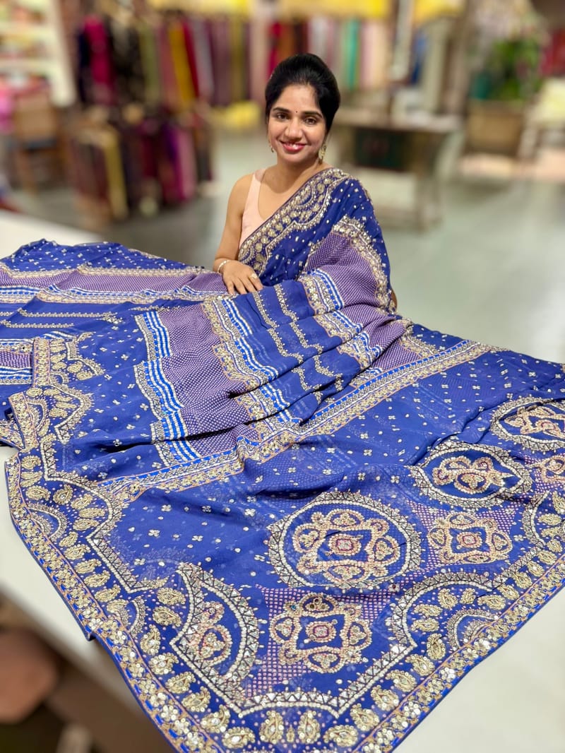 Royal Blue Kareena Inspired Gorgette Saree with allover mirrors SS5041