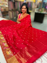 Red Raw Silk Saree with Pythani inspired Embroidery SS50498