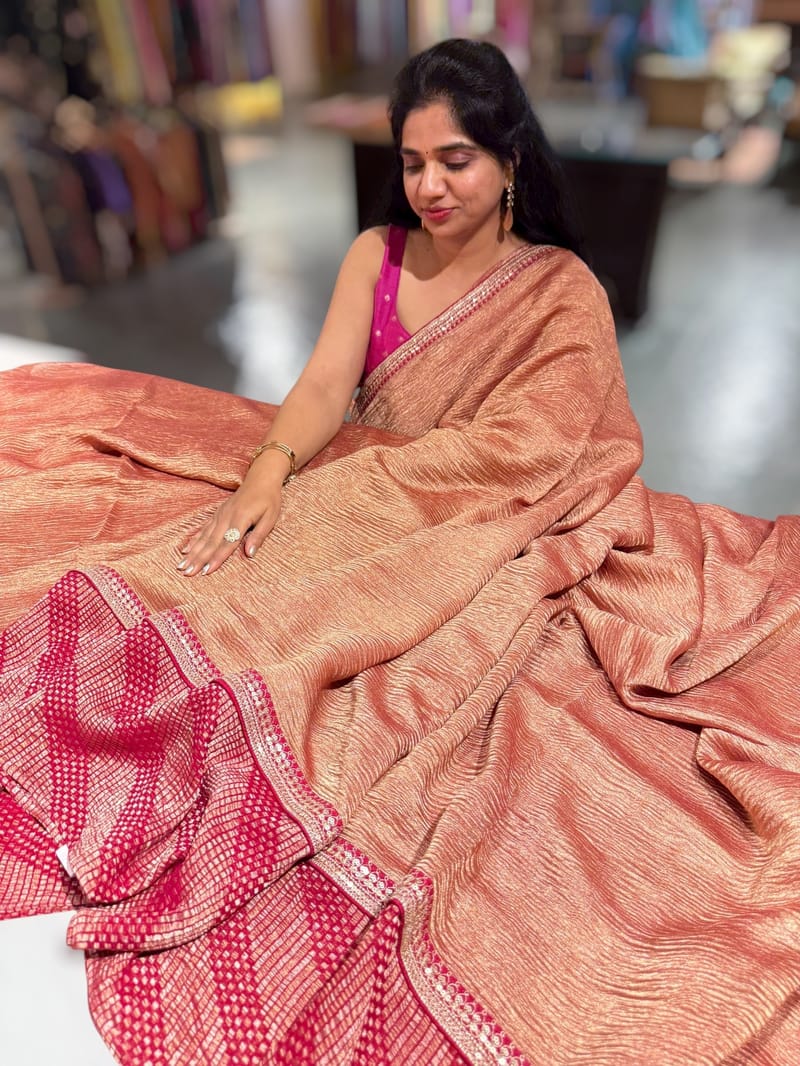 Pink Pure Handloom Crush Tissue Saree with Munga Silk skirt borders & Sabhya borders SS50396