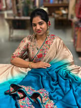 Chikoo–Copper Blue Ombre Satin Saree with Petite Point Border SS5024
