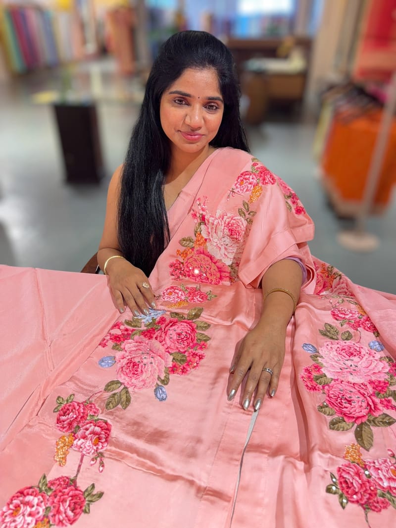 Peach Pink Designer Chinnon & Satin Fusion Saree