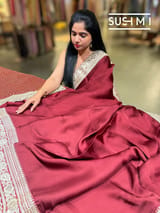 Burgundy Satin Saree with sabyasachi borders : D62F051