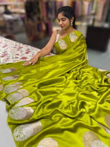 Lime Green Pure Satin Saree with embroidered border and blouse