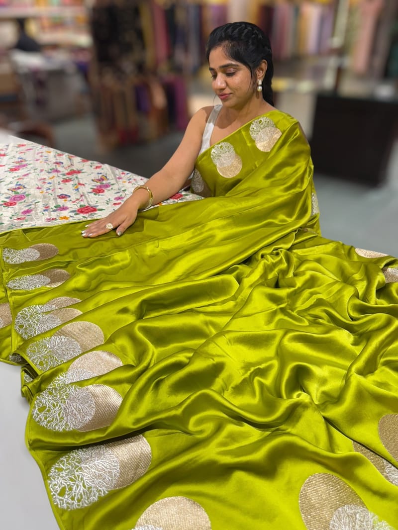Lime Green Pure Satin Saree with embroidered border and blouse
