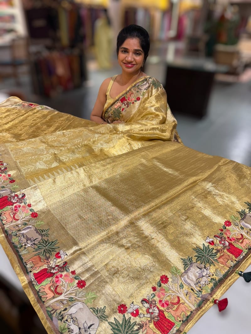 Gold Kanjeevaram Saree with Village Theme Embroidery SS50198