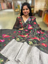 Black Pure Organza Saree with pythani embroidery : S62F164