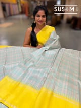 Silverish tone and pastel Blue checks vintage kanjeevaram saree : S62F156