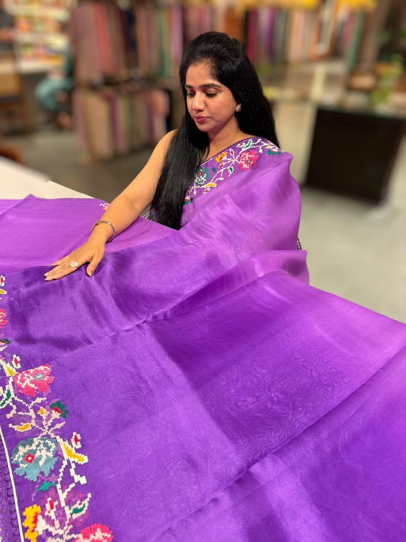 Purple Organza with patan patola inspired embroidery