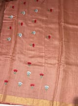 Rust Tussar Brocade Saree With Statement Red Rose Embroidery. SS50470