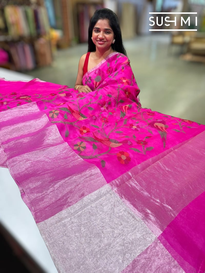 Fuschia Pink Pure Organza Saree with pythani embroidery : S62F162