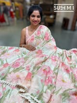 Ivory printed georgette saree with handwork : S62F198