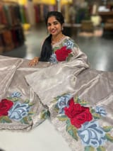 Silver Kanchi Brocade Tissue Saree with Statement Floral Embroidered Roses SS50142