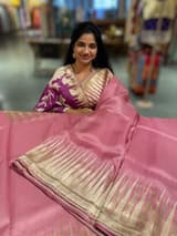 Blush Pink Pure Organza With Temple Embroidered Border & Tussar Printed Blouse SS50298