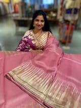 Blush Pink Pure Organza With Temple Embroidered Border & Tussar Printed Blouse SS50298