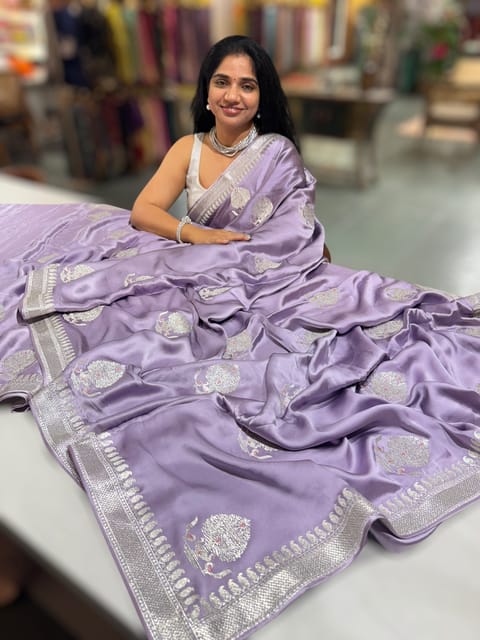 Lilac Pure Satin Saree with Embroidery