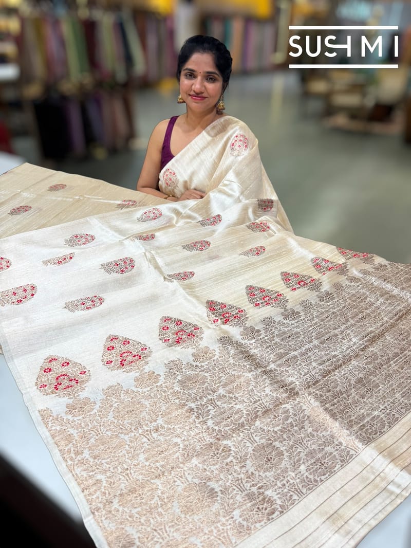 Ivory Banarasi Handloom Dupion Rawsilk Saree : S62F103