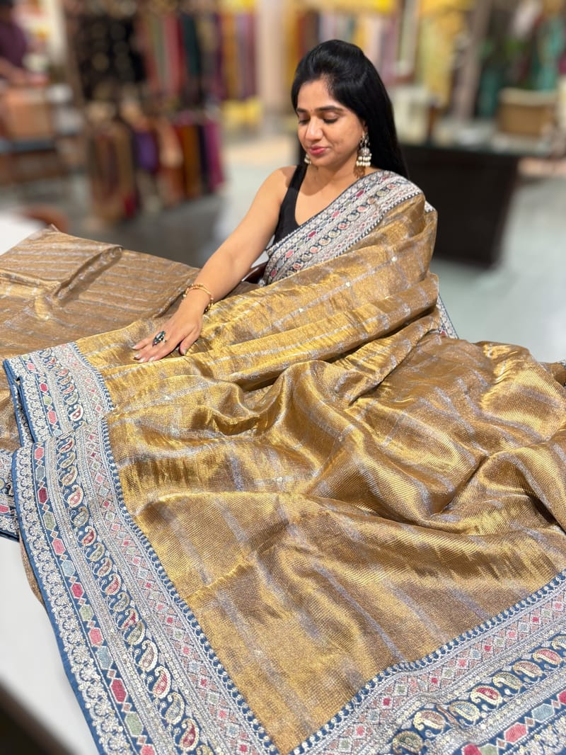 Antique Base Peacock blue Tissue checks Saree with sabhyasachi borders SS50413