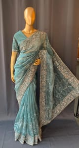 Peacock Blue Pure Organza heavy allover Handwork Saree