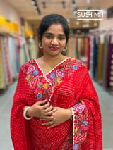 Bright Red Pure Gajji Silk Rai bandhej Saree with petite point embroidery