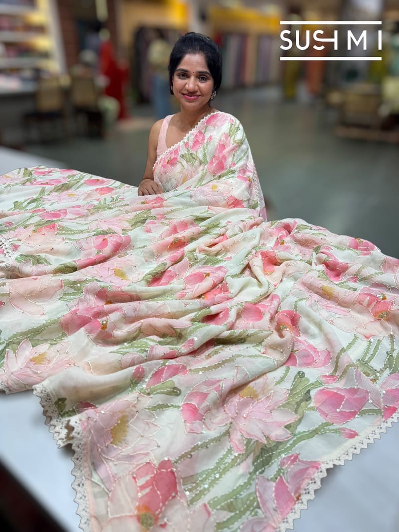 Ivory printed georgette saree with handwork : S62F198
