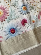 Ivory Pure Handloom Chiniya Silk Saree with stunning Floral Print and zari borders SS5099